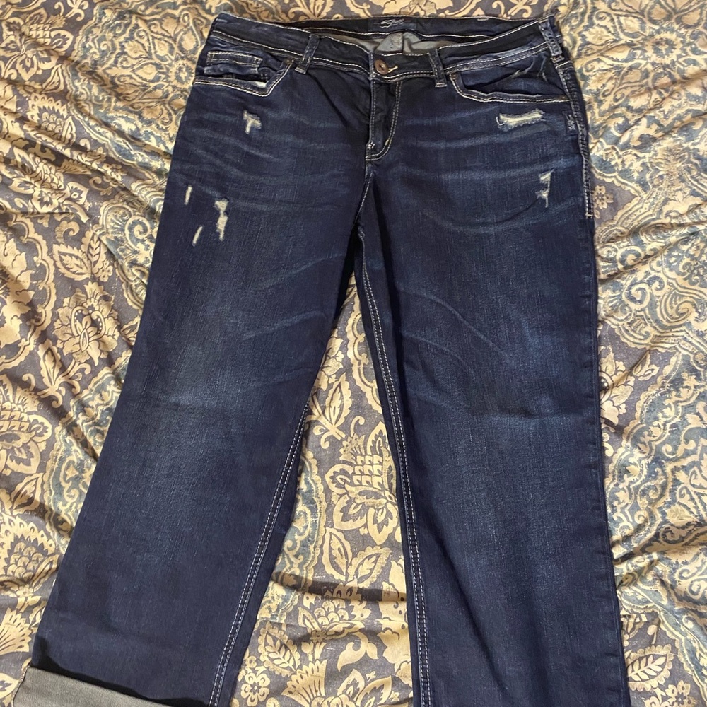 Silver Suki Capri, size 14.